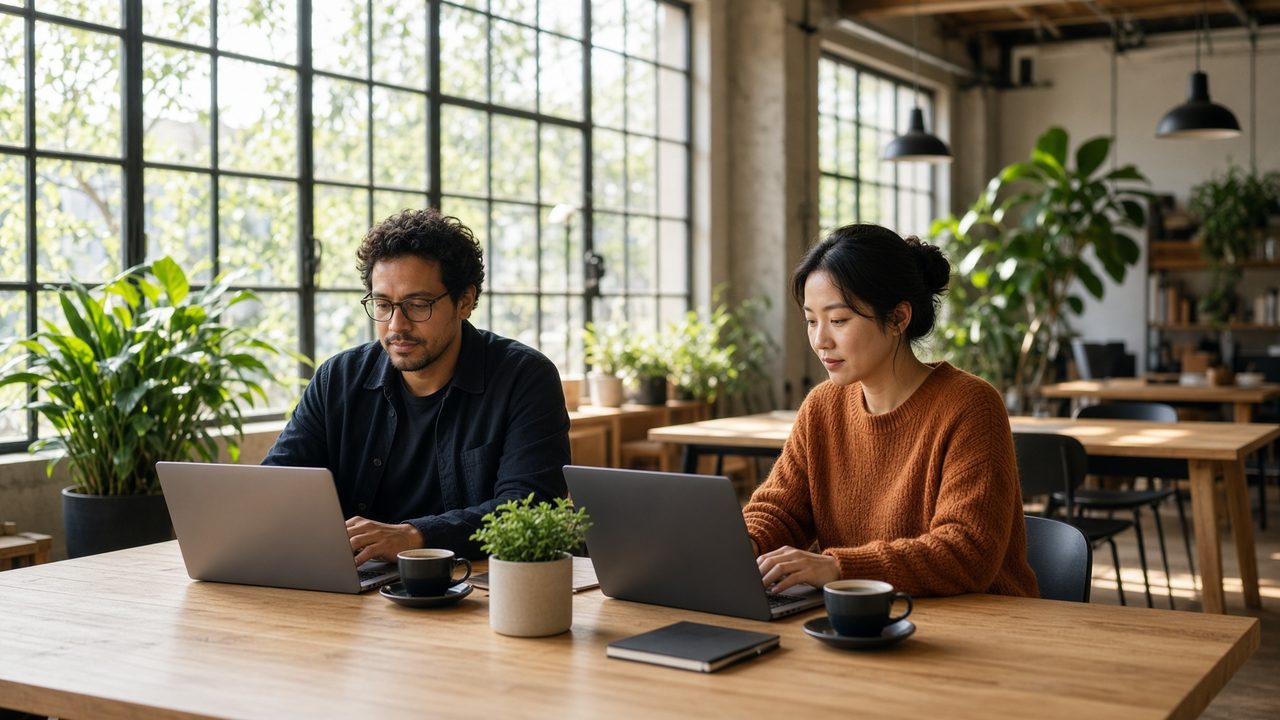 A couple working side by side in a loft studio