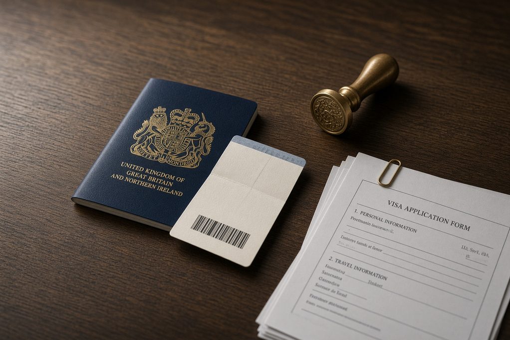 UK passport and application papers on a desk