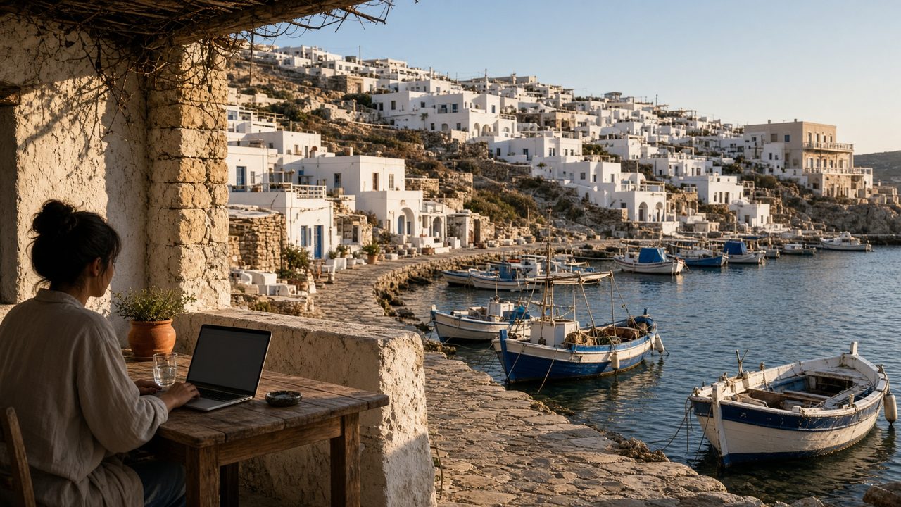 Greek harbour with remote worker