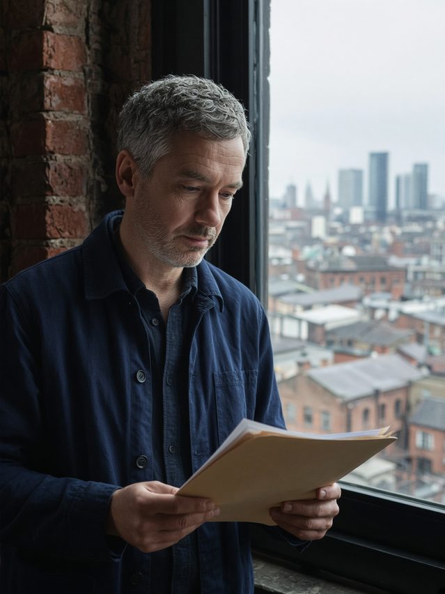 Reviewing a file by the studio window