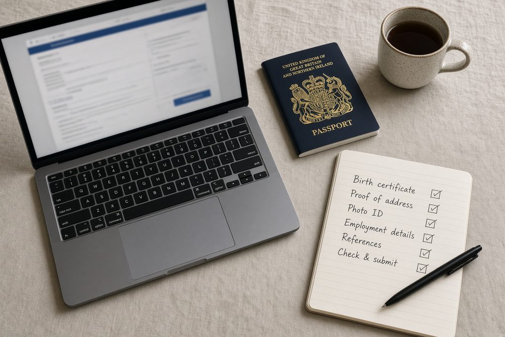 Laptop, passport and a handwritten filing checklist