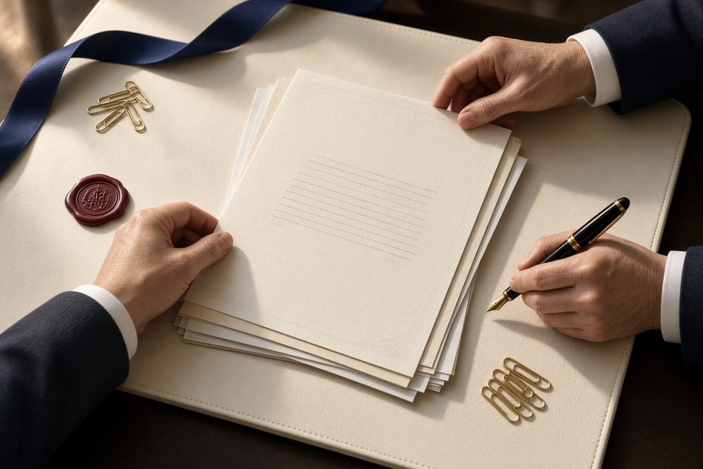Hands arranging a legalised document pack