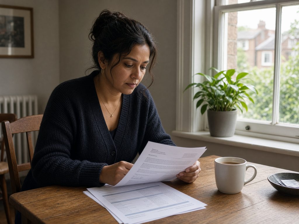 Reviewing bank statements and an employment letter at a kitchen table