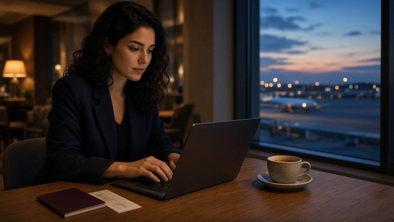 Remote worker preparing to travel from a UK airport lounge